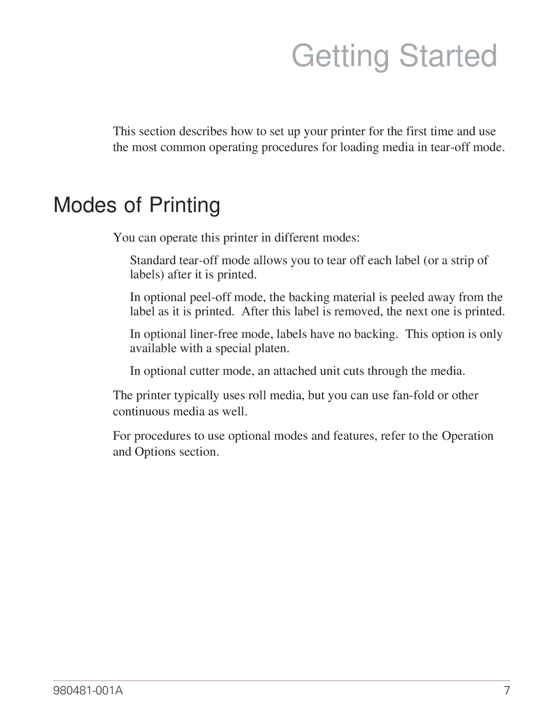 Zebra Technologies LP 2824 manual Getting Started, Modes of Printing 