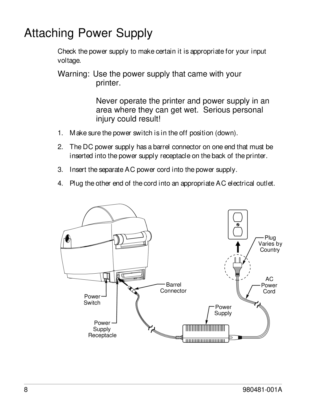 Zebra Technologies LP 2824 manual Attaching Power Supply 