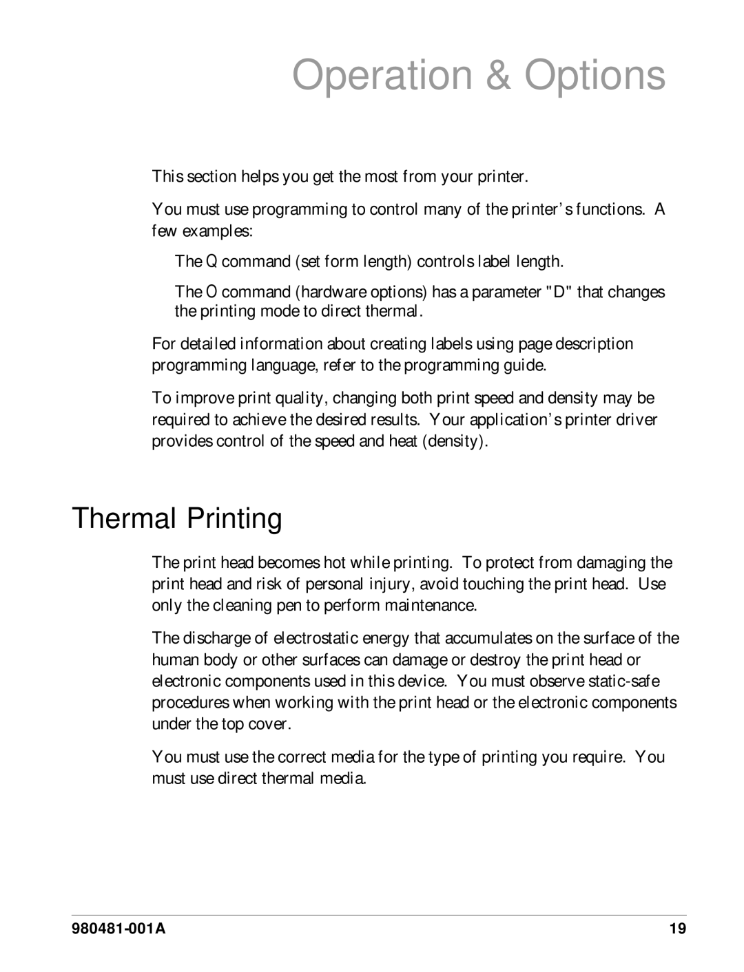 Zebra Technologies LP 2824 manual Operation & Options, Thermal Printing 