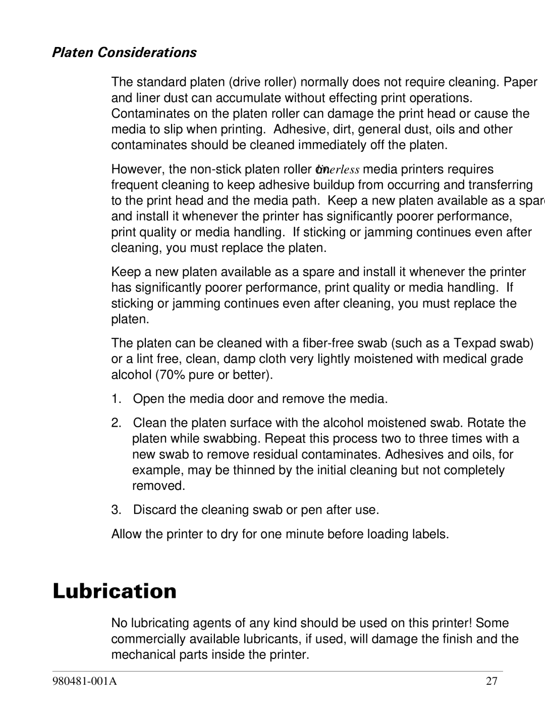 Zebra Technologies LP 2824 manual Lubrication, Platen Considerations 