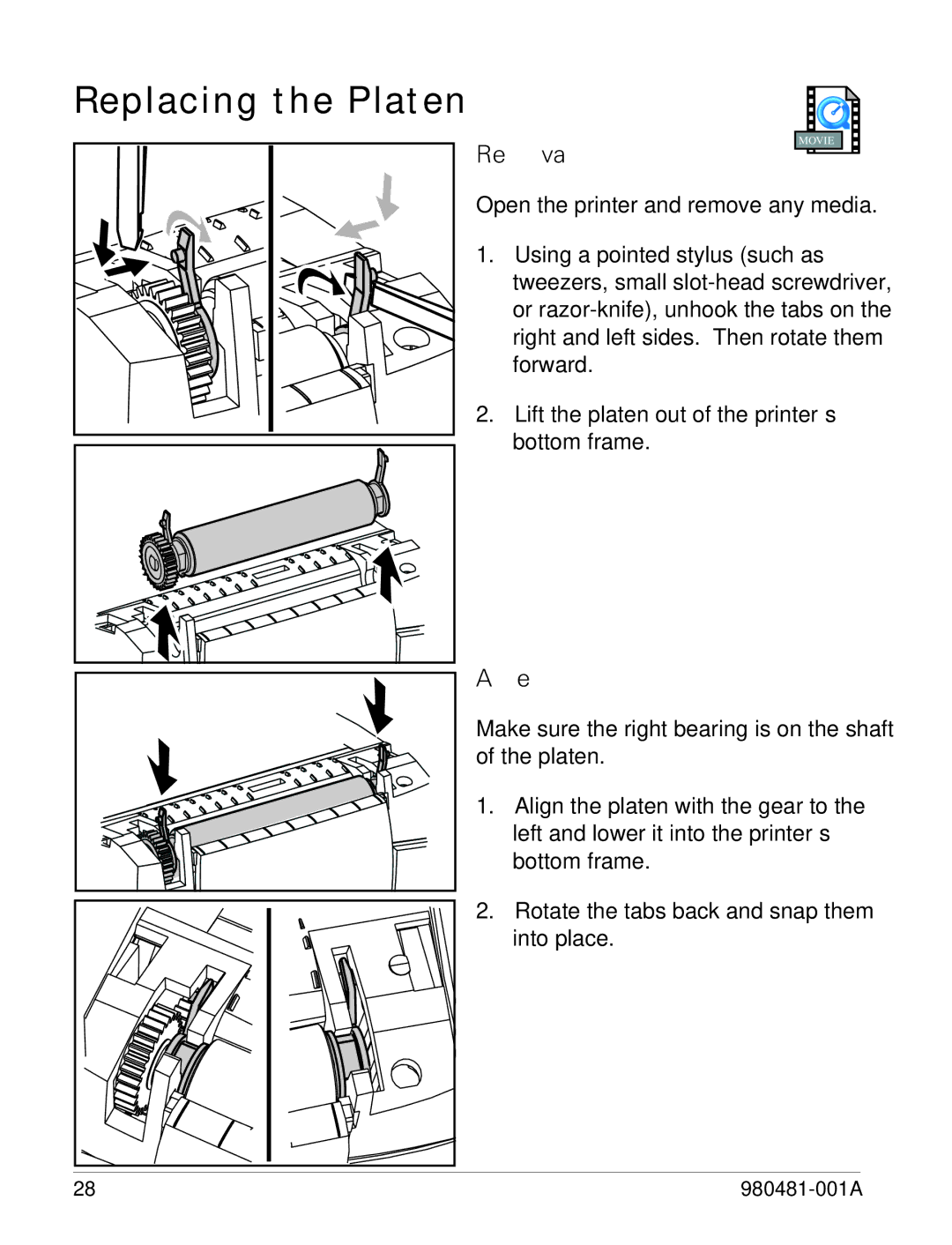 Zebra Technologies LP 2824 manual Replacing the Platen, Removal, Assembly 