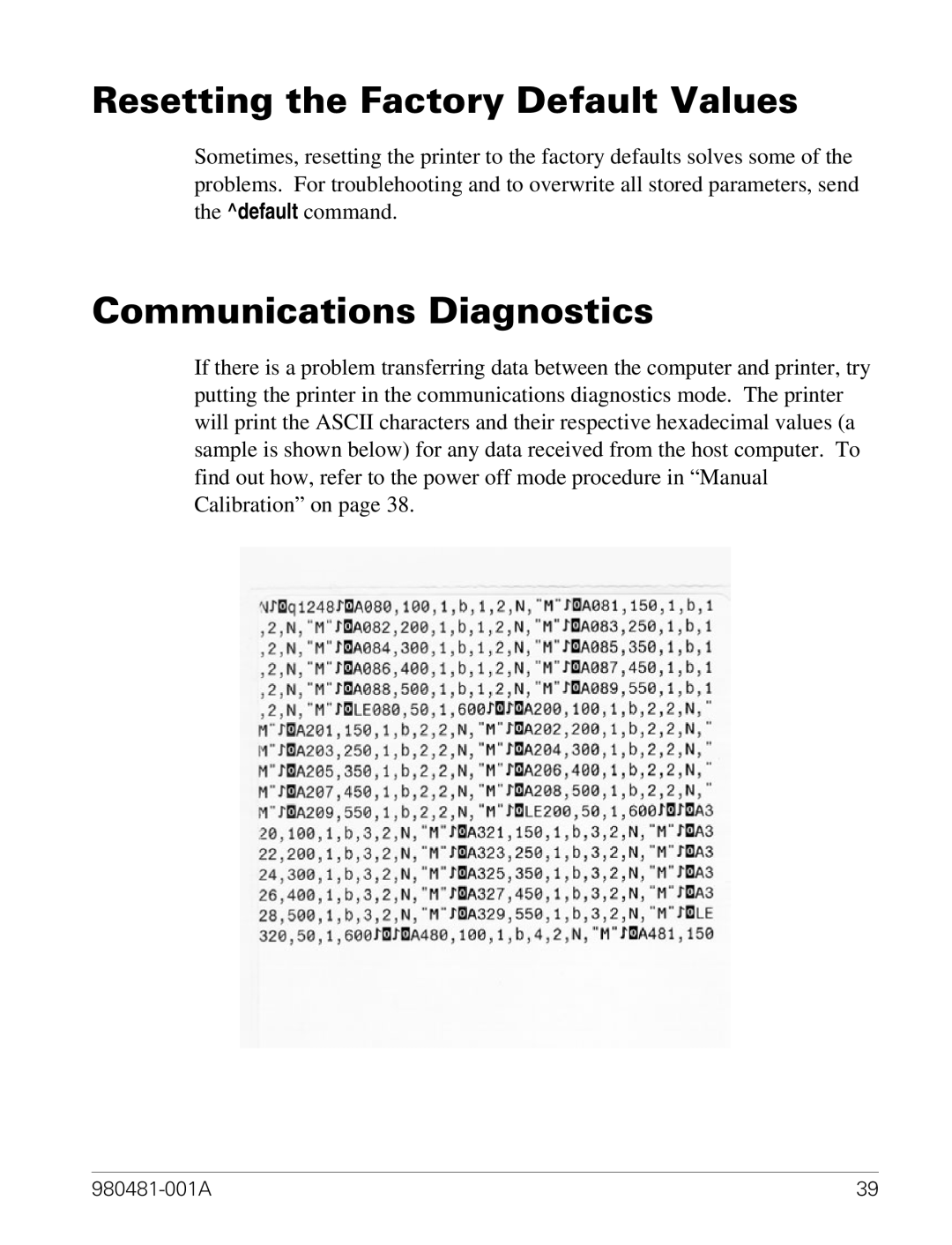 Zebra Technologies LP 2824 manual Resetting the Factory Default Values, Communications Diagnostics 