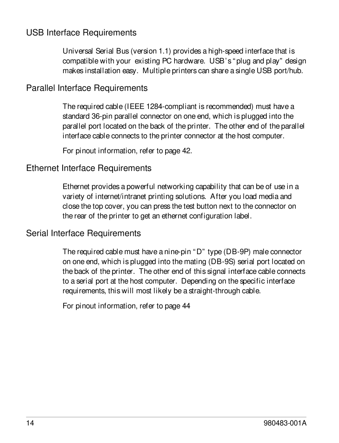 Zebra Technologies LP 2844 USB Interface Requirements, Parallel Interface Requirements, Ethernet Interface Requirements 