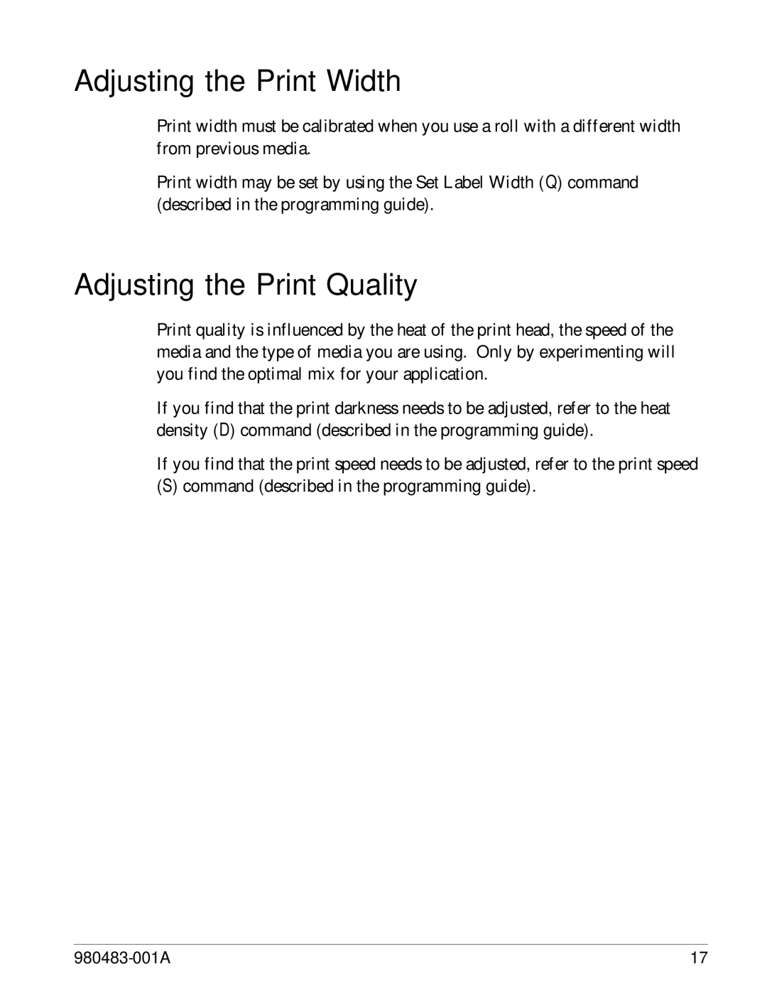 Zebra Technologies LP 2844 manual Adjusting the Print Width, Adjusting the Print Quality 