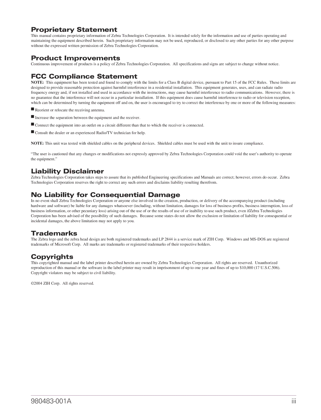 Zebra Technologies LP 2844 manual Proprietary Statement 