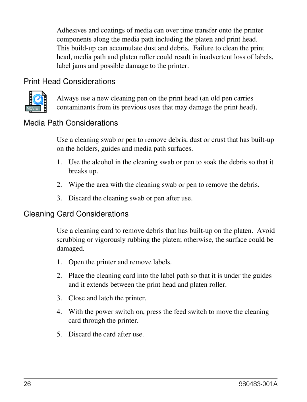 Zebra Technologies LP 2844 manual Print Head Considerations, Media Path Considerations, Cleaning Card Considerations 