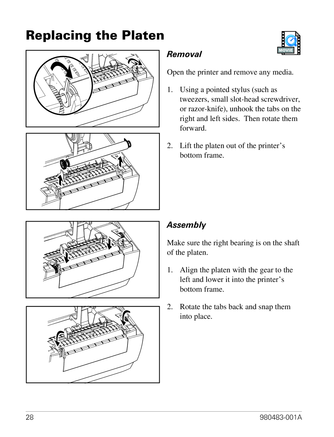 Zebra Technologies LP 2844 manual Replacing the Platen, Removal, Assembly 