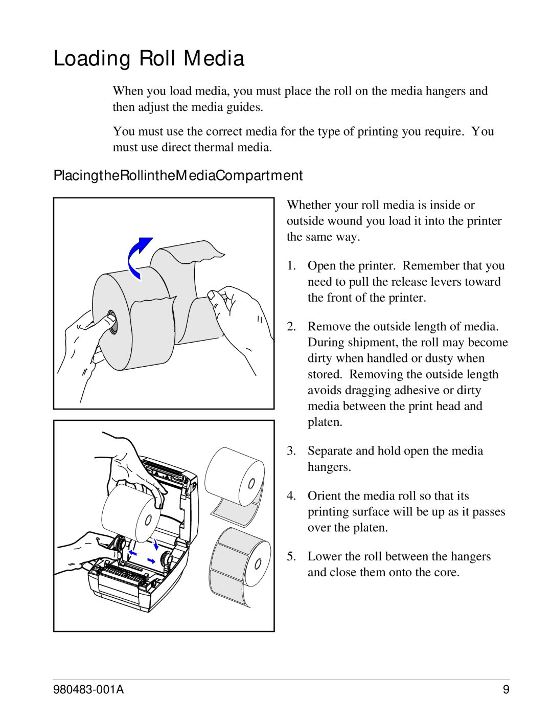 Zebra Technologies LP 2844 manual Loading Roll Media, Placing the Roll in the Media Compartment 