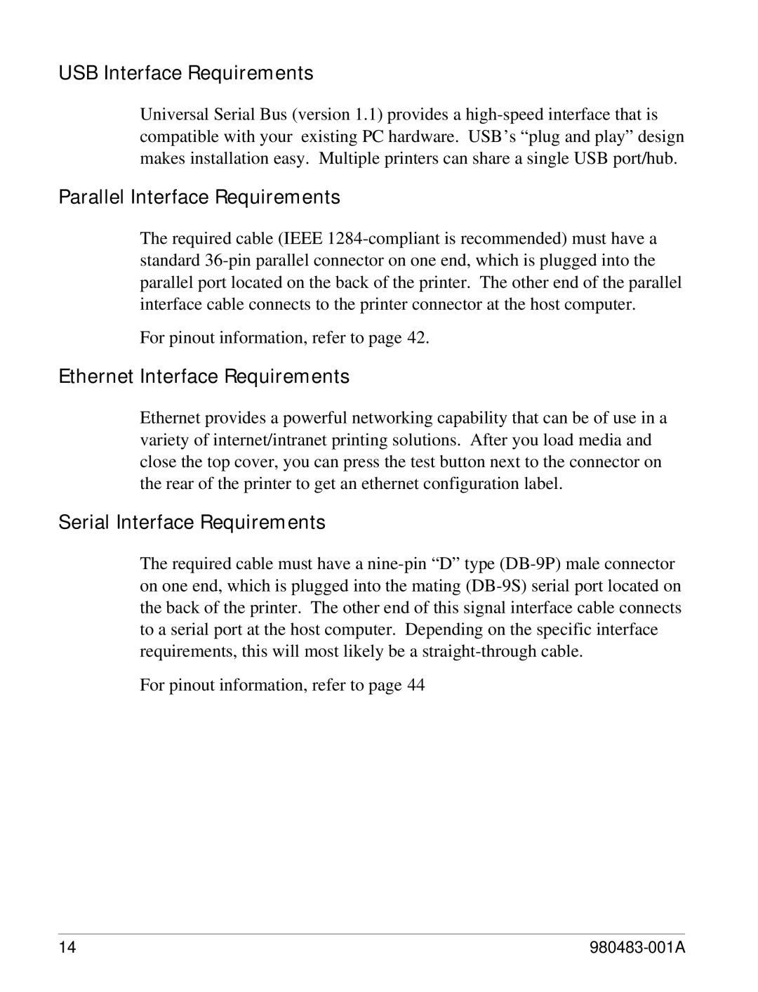 Zebra Technologies LP 2844 USB Interface Requirements, Parallel Interface Requirements, Ethernet Interface Requirements 