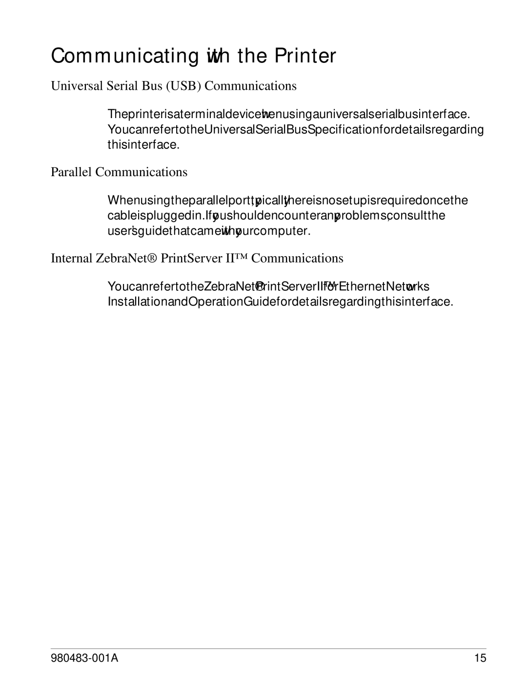 Zebra Technologies LP 2844 manual Communicating with the Printer, Universal Serial Bus USB Communications 