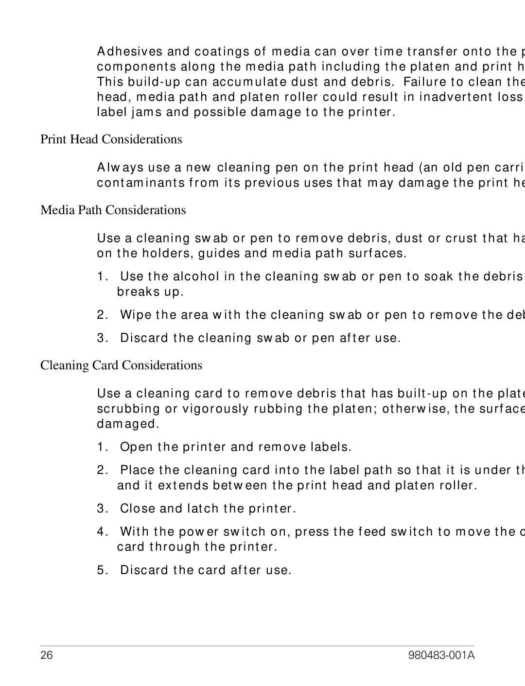 Zebra Technologies LP 2844 manual Print Head Considerations, Media Path Considerations, Cleaning Card Considerations 