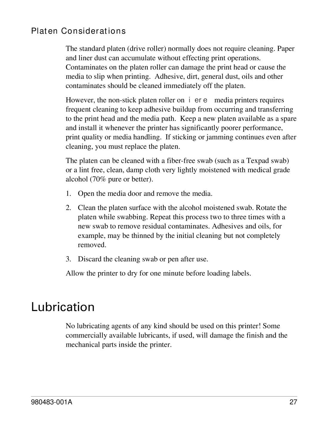 Zebra Technologies LP 2844 manual Lubrication, Platen Considerations 