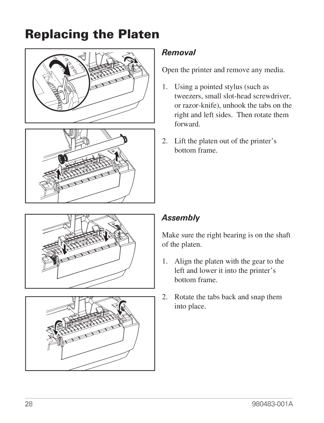 Zebra Technologies LP 2844 manual Replacing the Platen, Removal, Assembly 