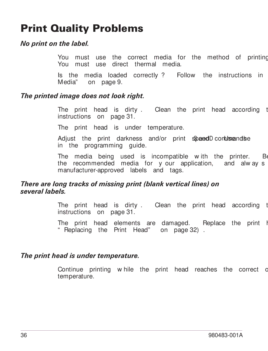 Zebra Technologies LP 2844 manual Print Quality Problems, No print on the label, Printed image does not look right 