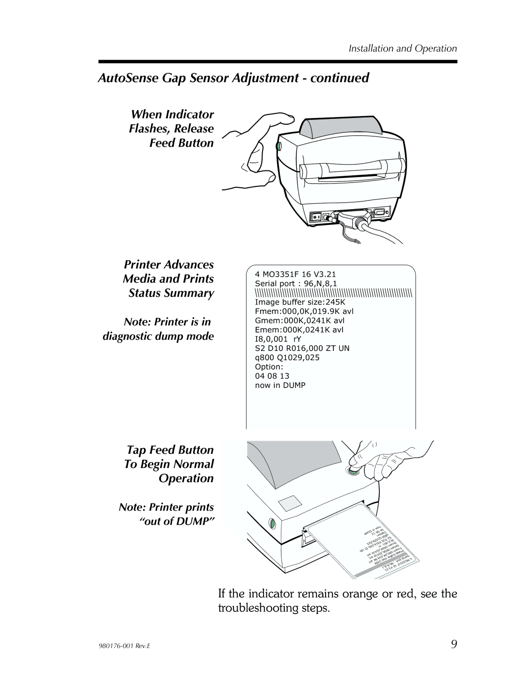 Zebra Technologies LP2443 user manual AutoSense Gap Sensor Adjustment, Tap Feed Button To Begin Normal Operation 