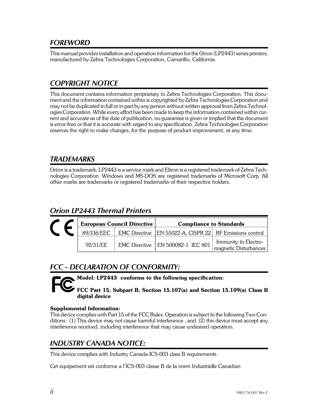 Zebra Technologies user manual Foreword, Orion LP2443 Thermal Printers 