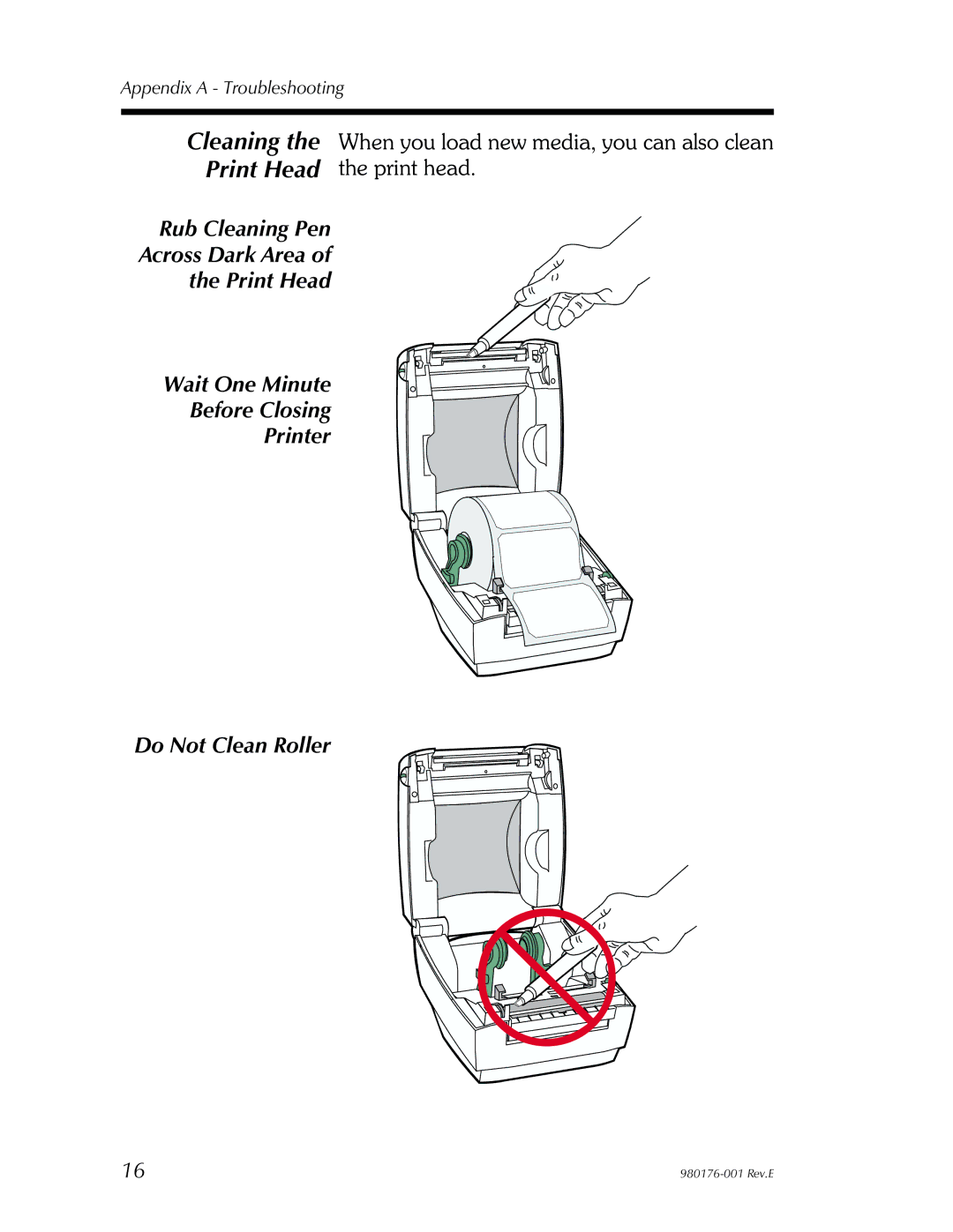 Zebra Technologies LP2443 Cleaning Print Head, Rub Cleaning Pen, Print Head Wait One Minute Before Closing Printer 