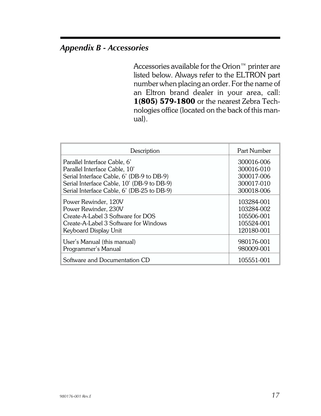 Zebra Technologies LP2443 user manual Appendix B Accessories 