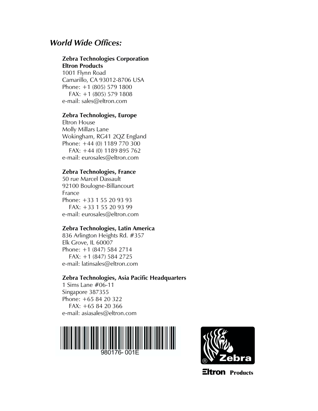 Zebra Technologies LP2443 user manual World Wide Offices, Zebra Technologies Corporation Eltron Products 