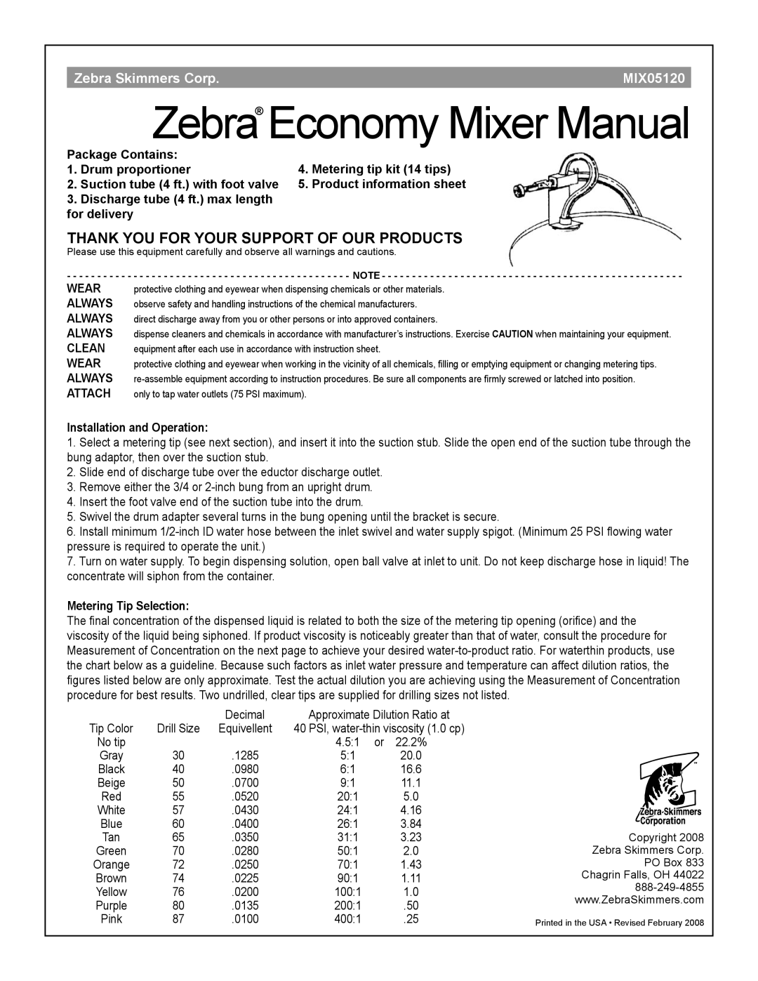 Zebra Technologies MIX05120 instruction sheet Installation and Operation, Metering Tip Selection 