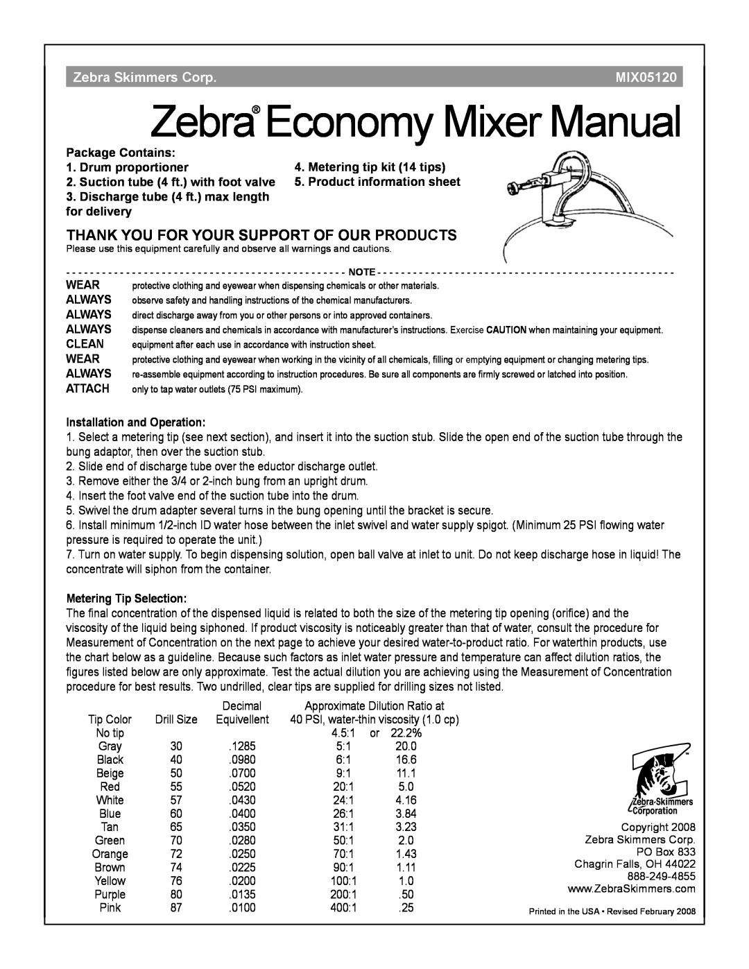 Zebra Technologies MIX05120 instruction sheet Thank You For Your Support Of Our Products, Zebra Economy Mixer Manual 