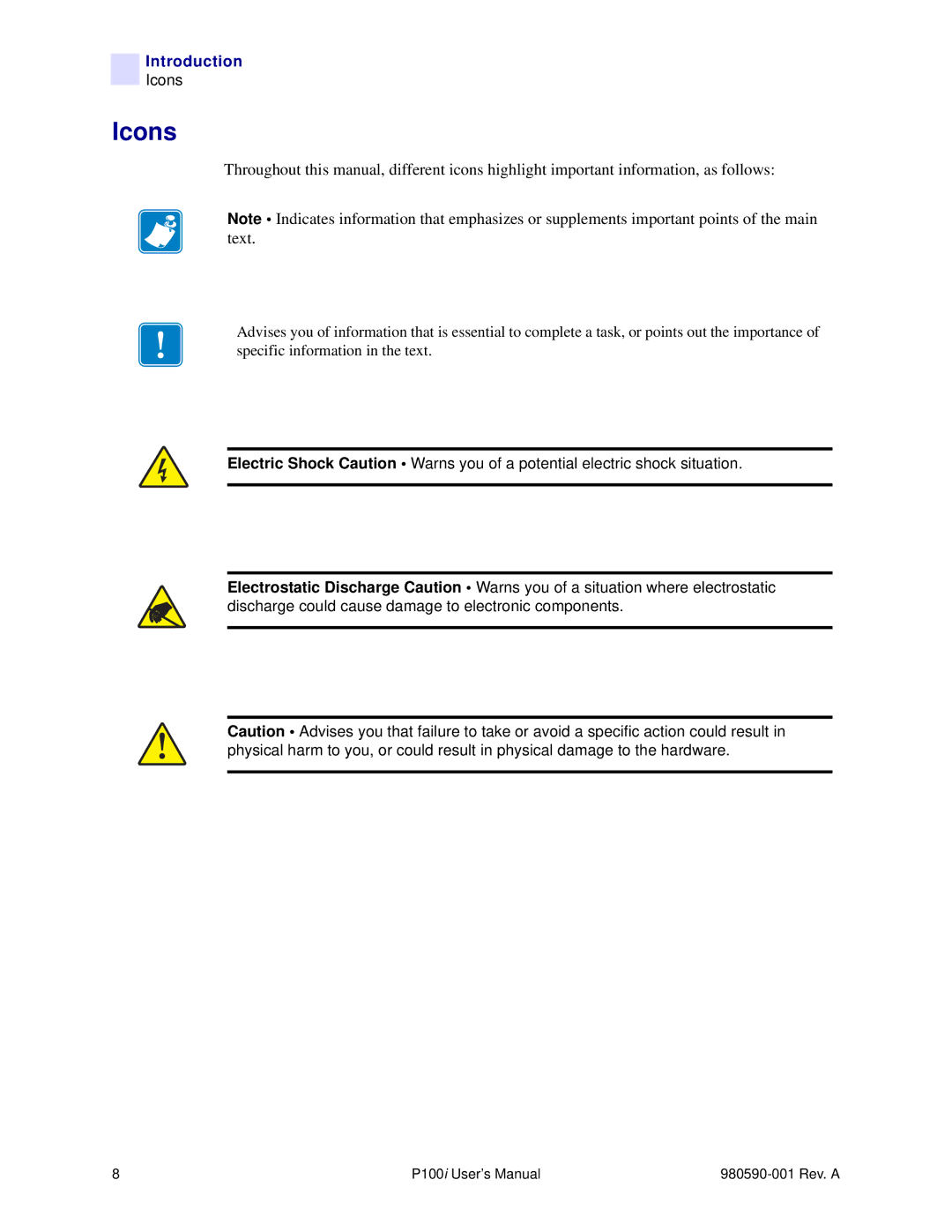 Zebra Technologies P100iTM manual Icons 