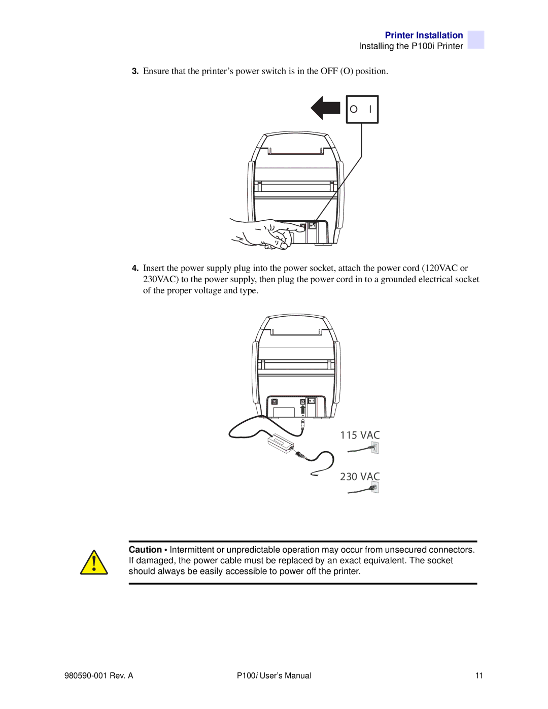 Zebra Technologies P100iTM manual VAC 230 VAC 