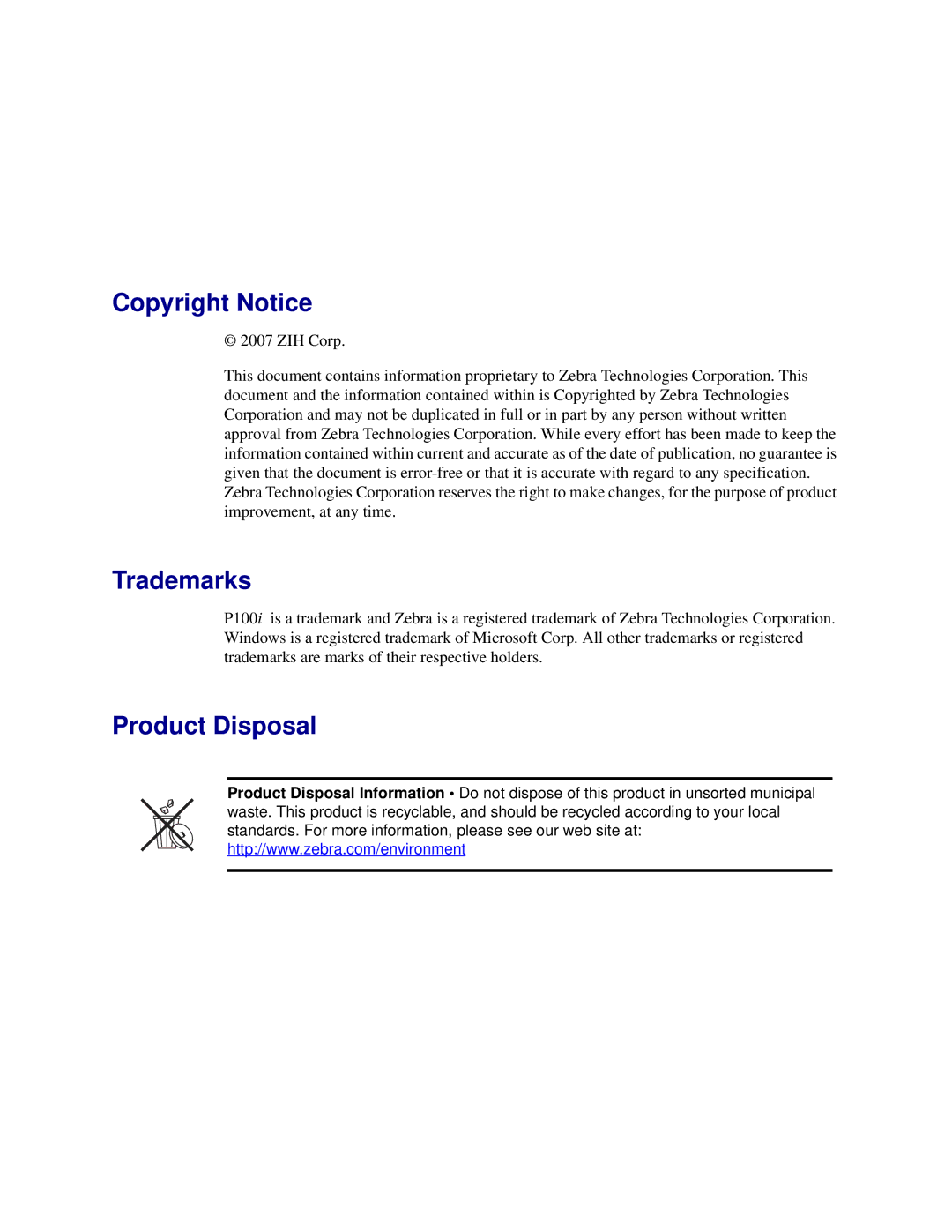 Zebra Technologies P100iTM manual Copyright Notice, Trademarks, Product Disposal 