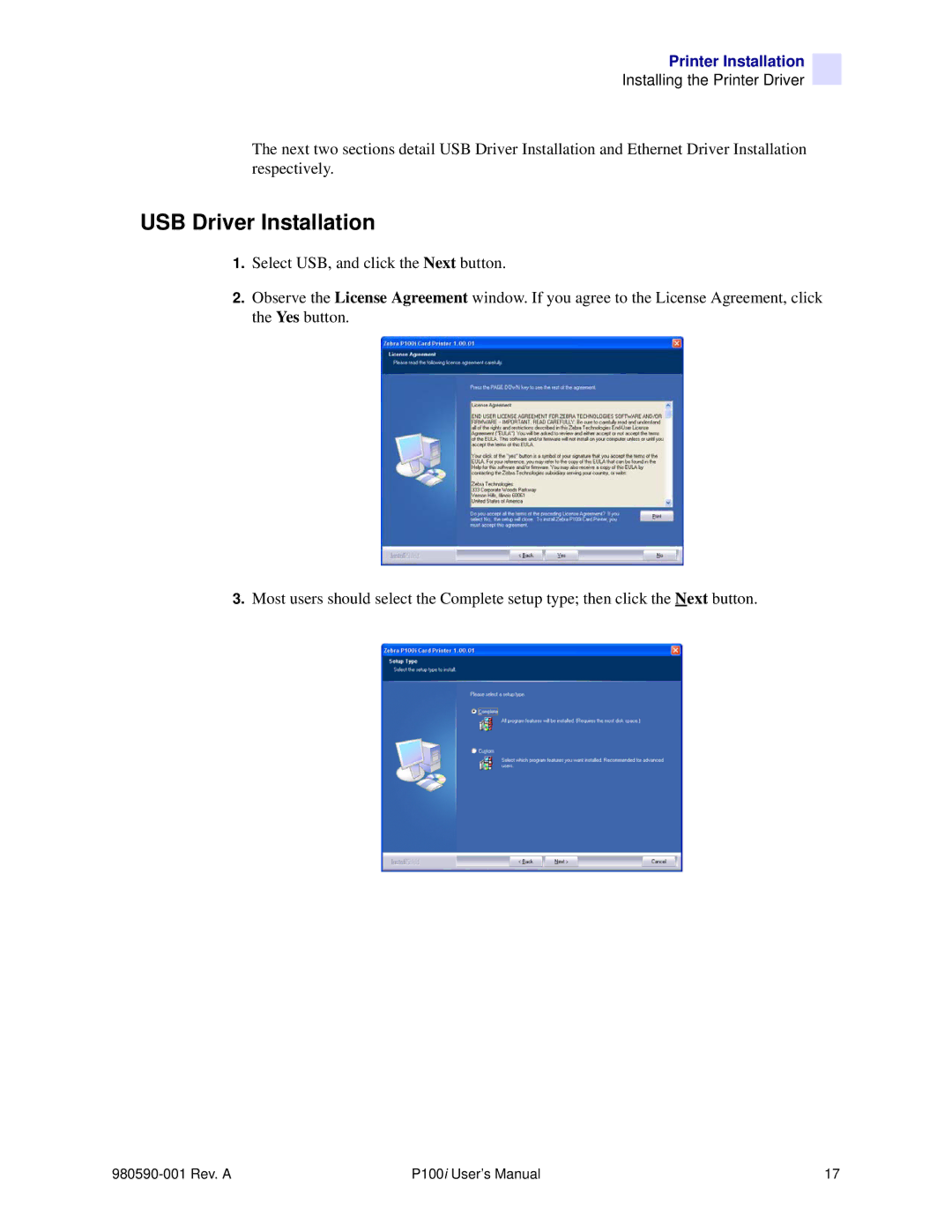 Zebra Technologies P100iTM manual USB Driver Installation 