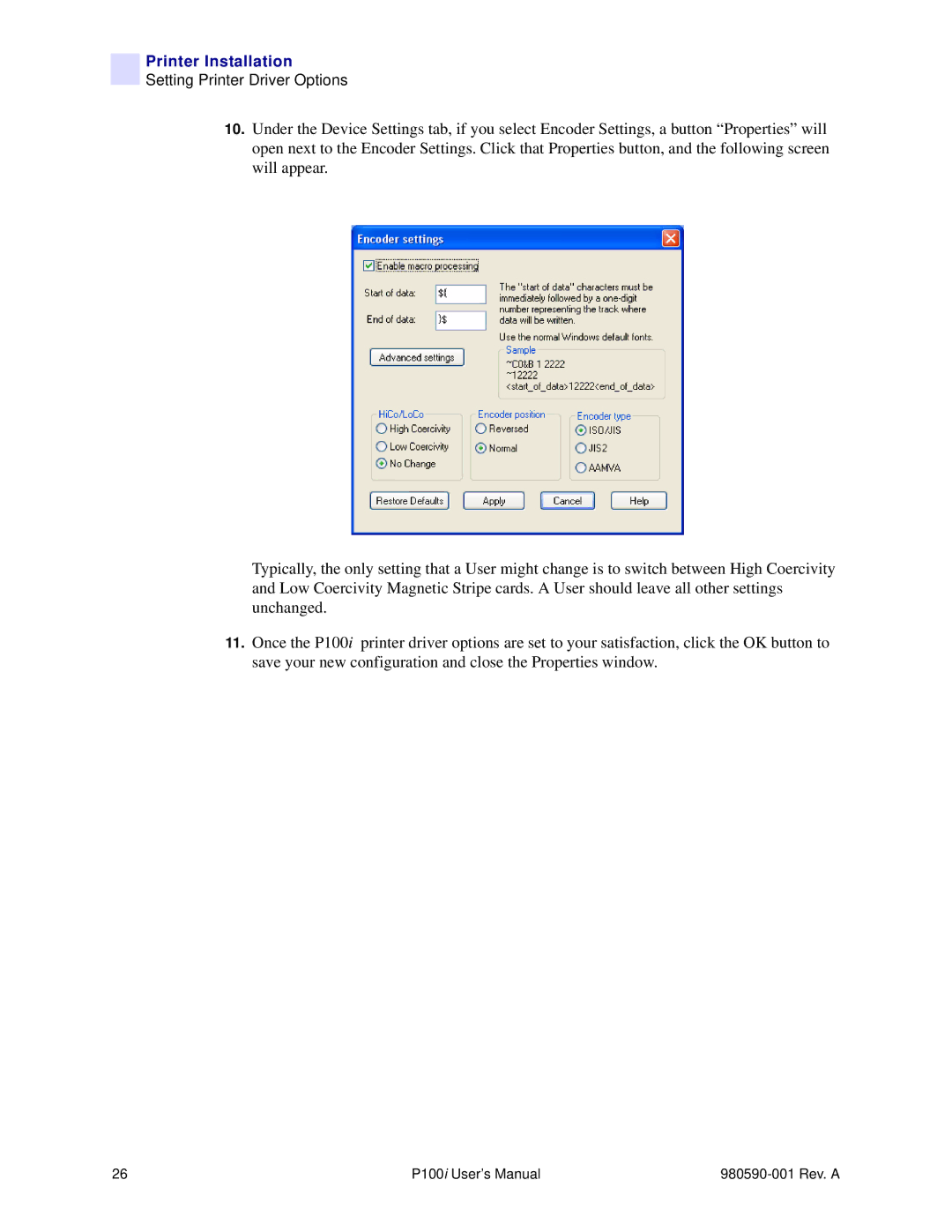 Zebra Technologies P100iTM manual Printer Installation 