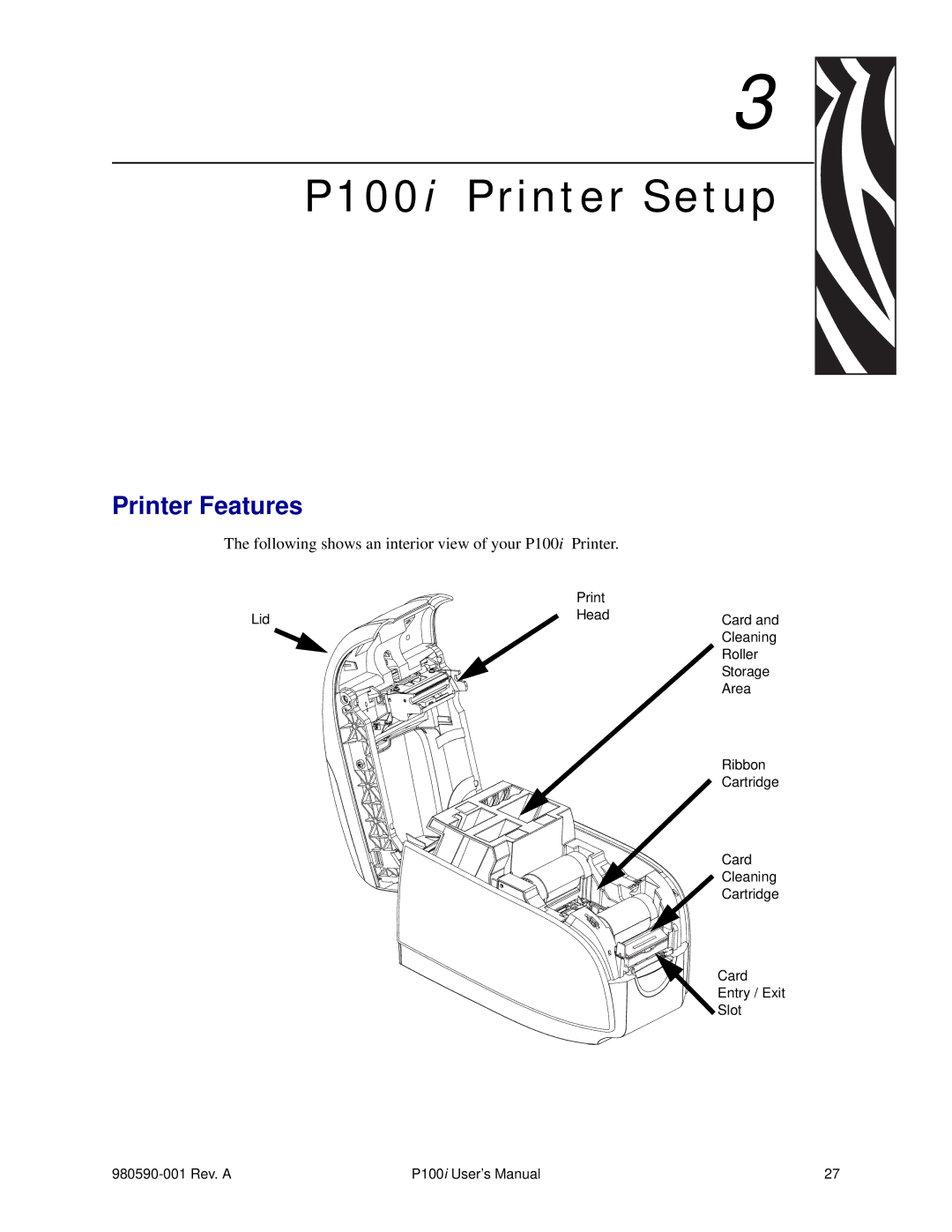 Zebra Technologies P100iTM manual P100i Printer Setup, Printer Features 