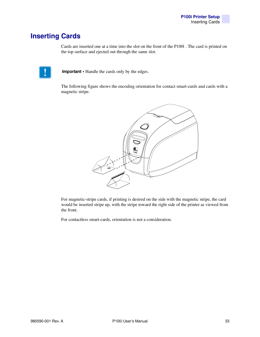 Zebra Technologies P100iTM manual Inserting Cards 