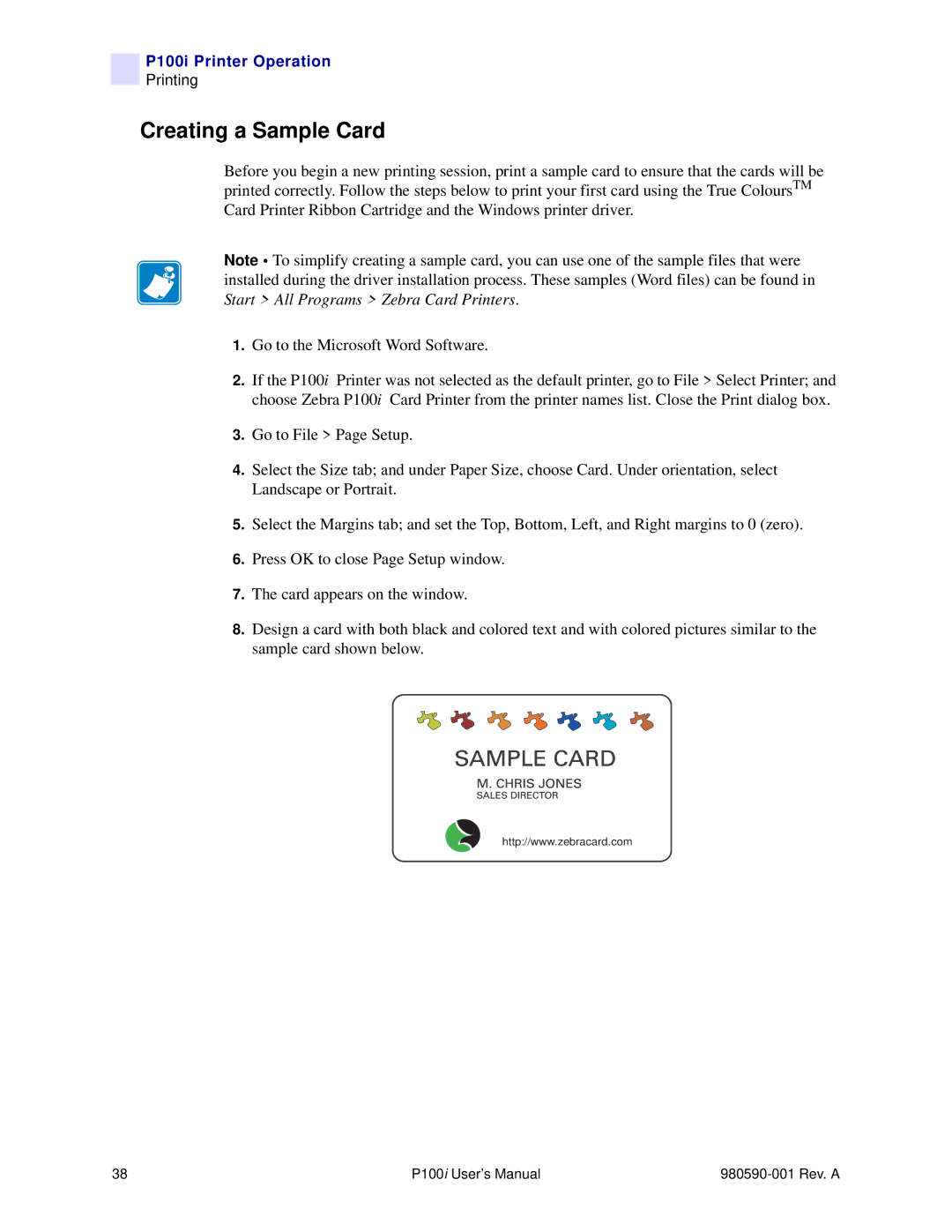 Zebra Technologies P100iTM manual Creating a Sample Card 