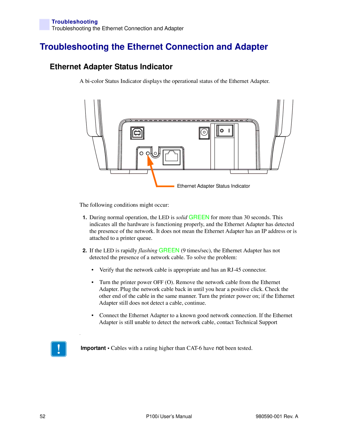 Zebra Technologies P100iTM manual Troubleshooting the Ethernet Connection and Adapter, Ethernet Adapter Status Indicator 