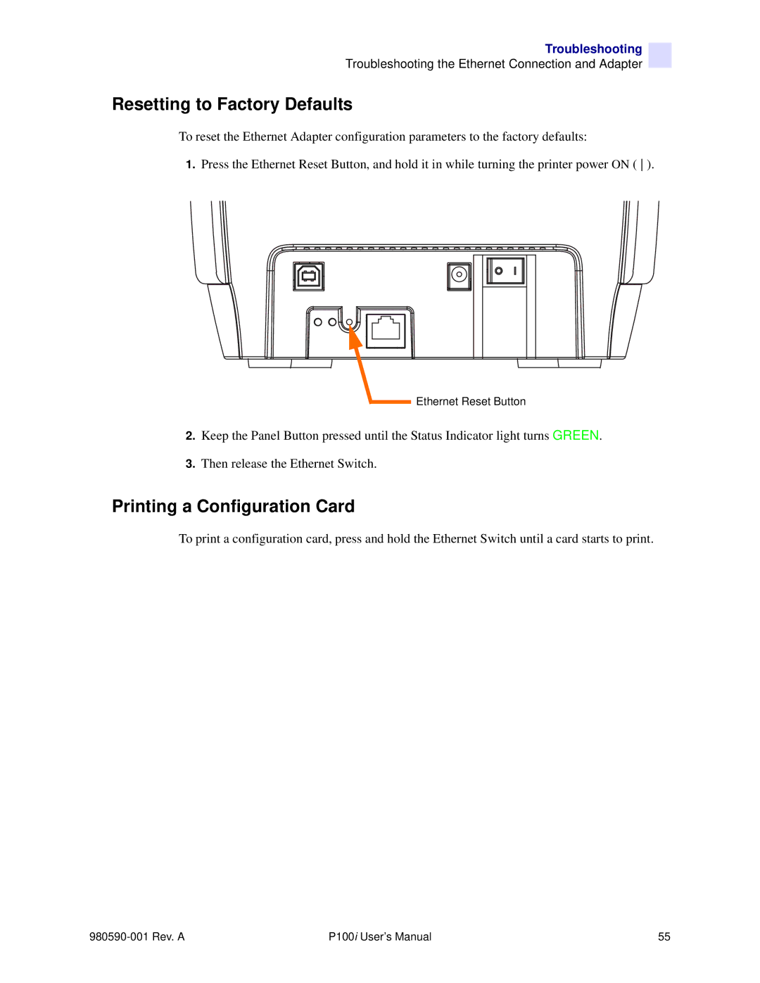 Zebra Technologies P100iTM manual Resetting to Factory Defaults, Printing a Configuration Card 