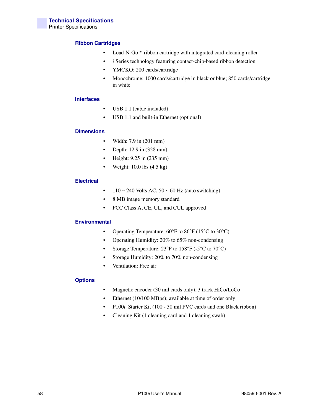 Zebra Technologies P100iTM manual Technical Specifications 