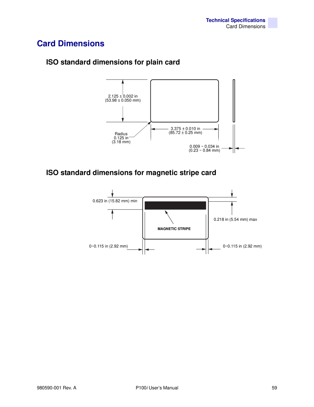 Zebra Technologies P100iTM manual Card Dimensions, ISO standard dimensions for plain card 