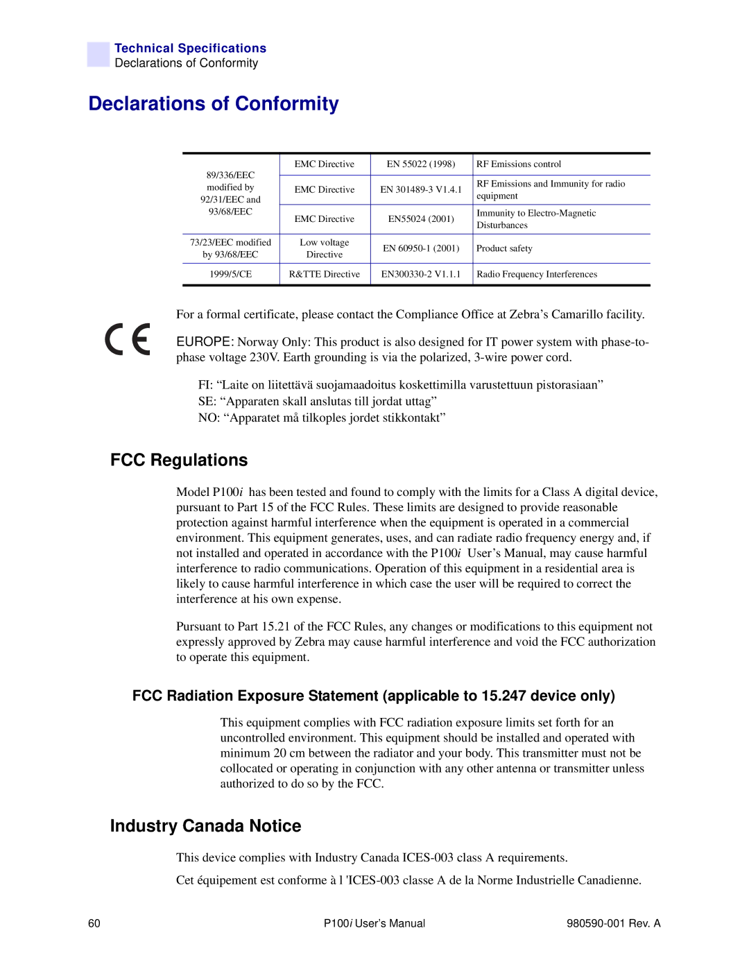 Zebra Technologies P100iTM manual Declarations of Conformity, FCC Regulations, Industry Canada Notice 