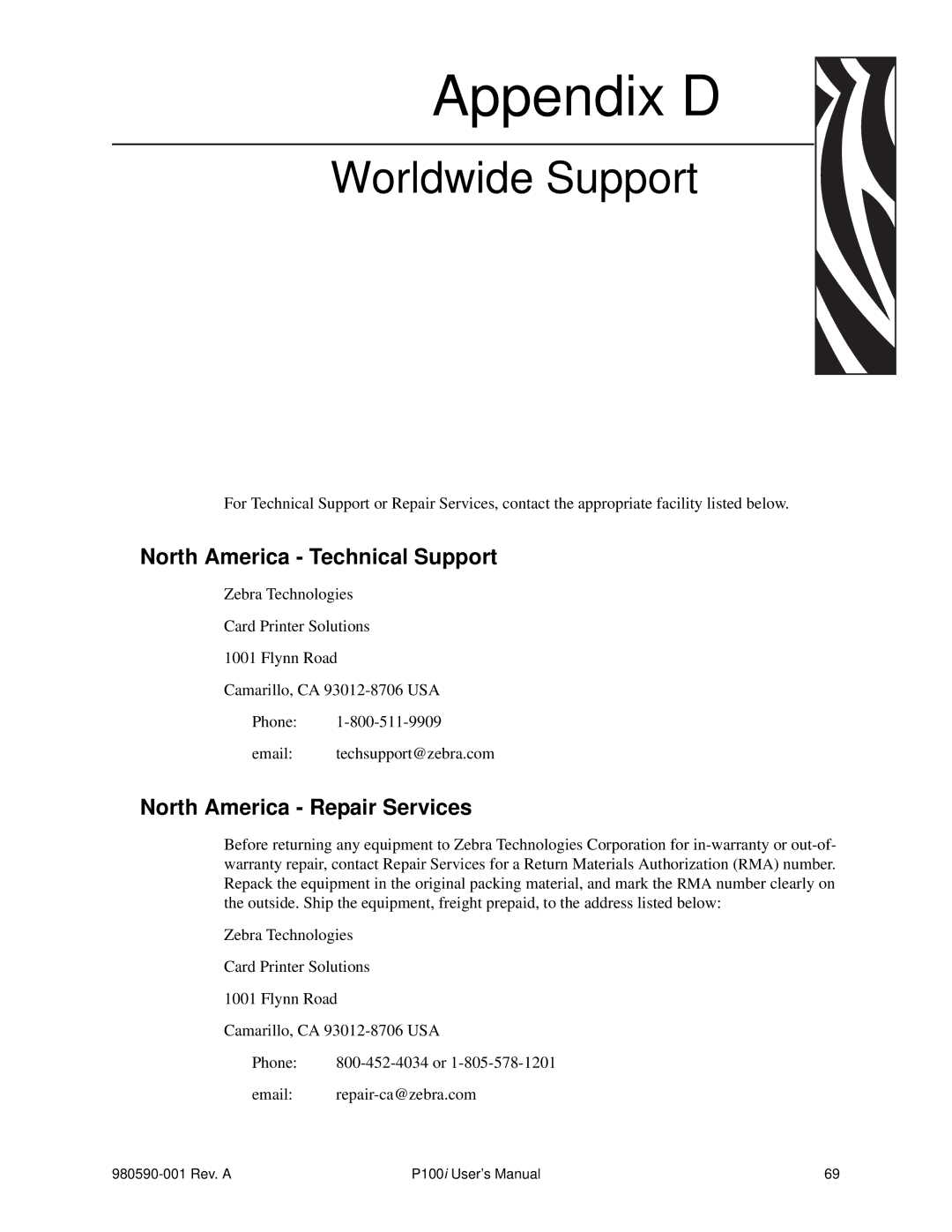 Zebra Technologies P100iTM manual Worldwide Support, North America Technical Support, North America Repair Services 