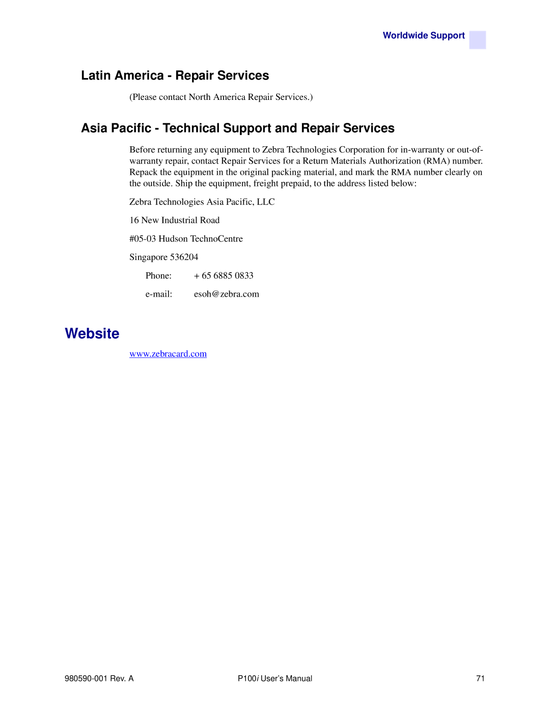 Zebra Technologies P100iTM Website, Latin America Repair Services, Asia Pacific Technical Support and Repair Services 