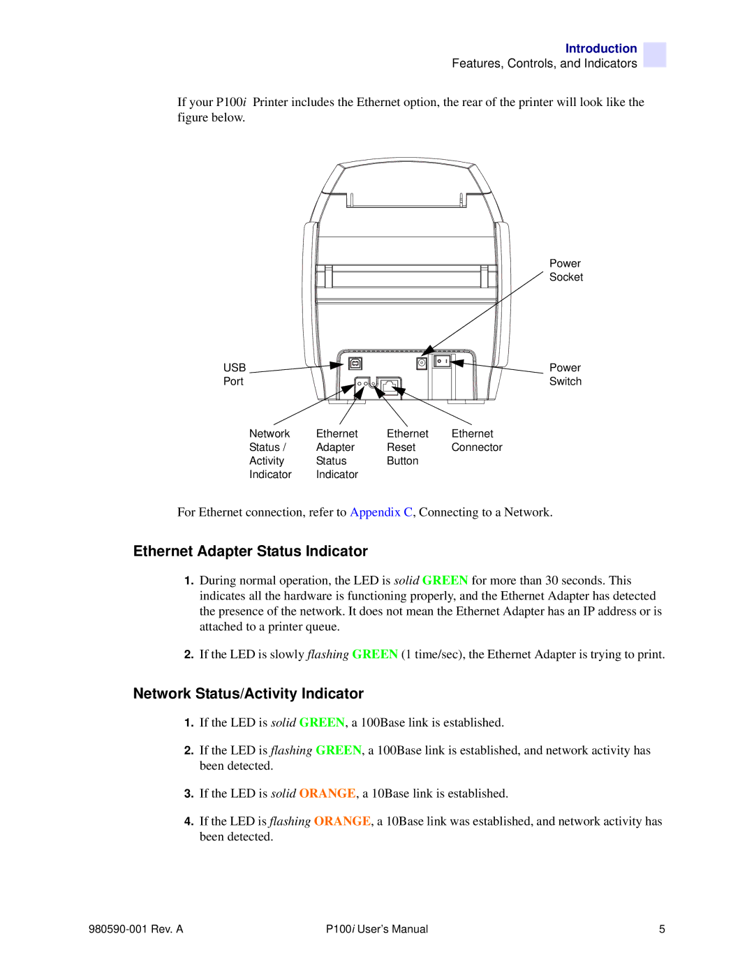 Zebra Technologies P100iTM manual Ethernet Adapter Status Indicator 