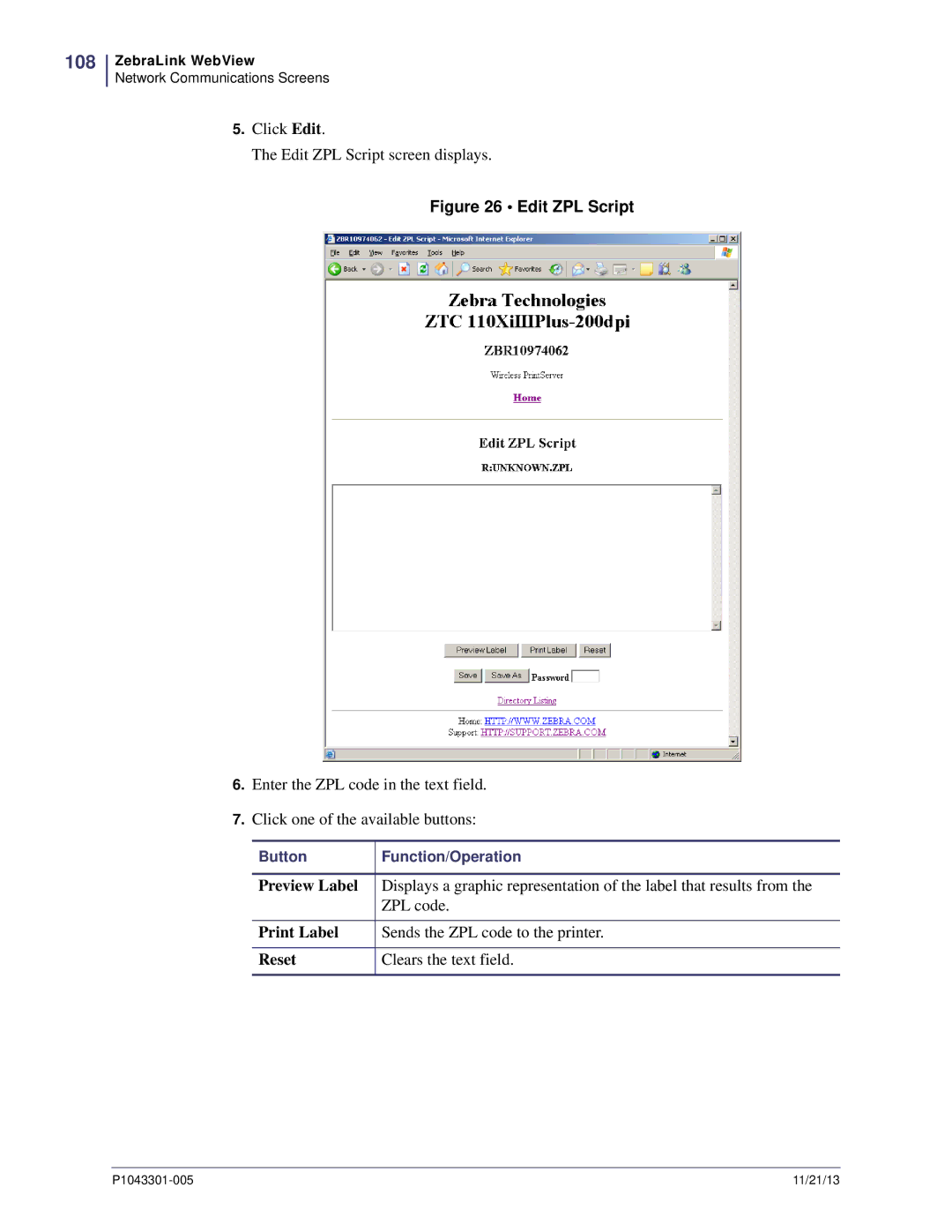 Zebra Technologies P1043301-005 manual 108, Preview Label, Print Label, Reset 