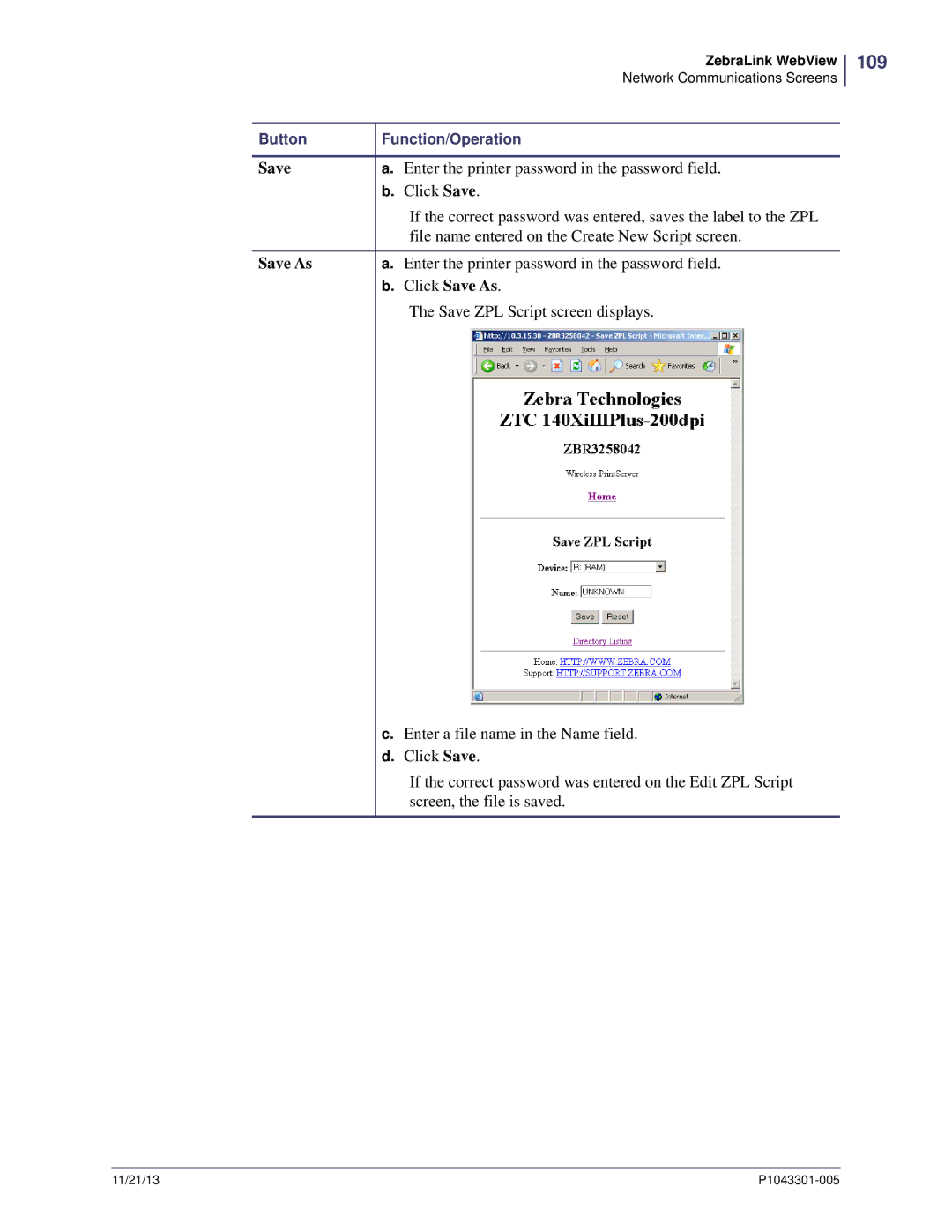 Zebra Technologies P1043301-005 manual 109, Save As 