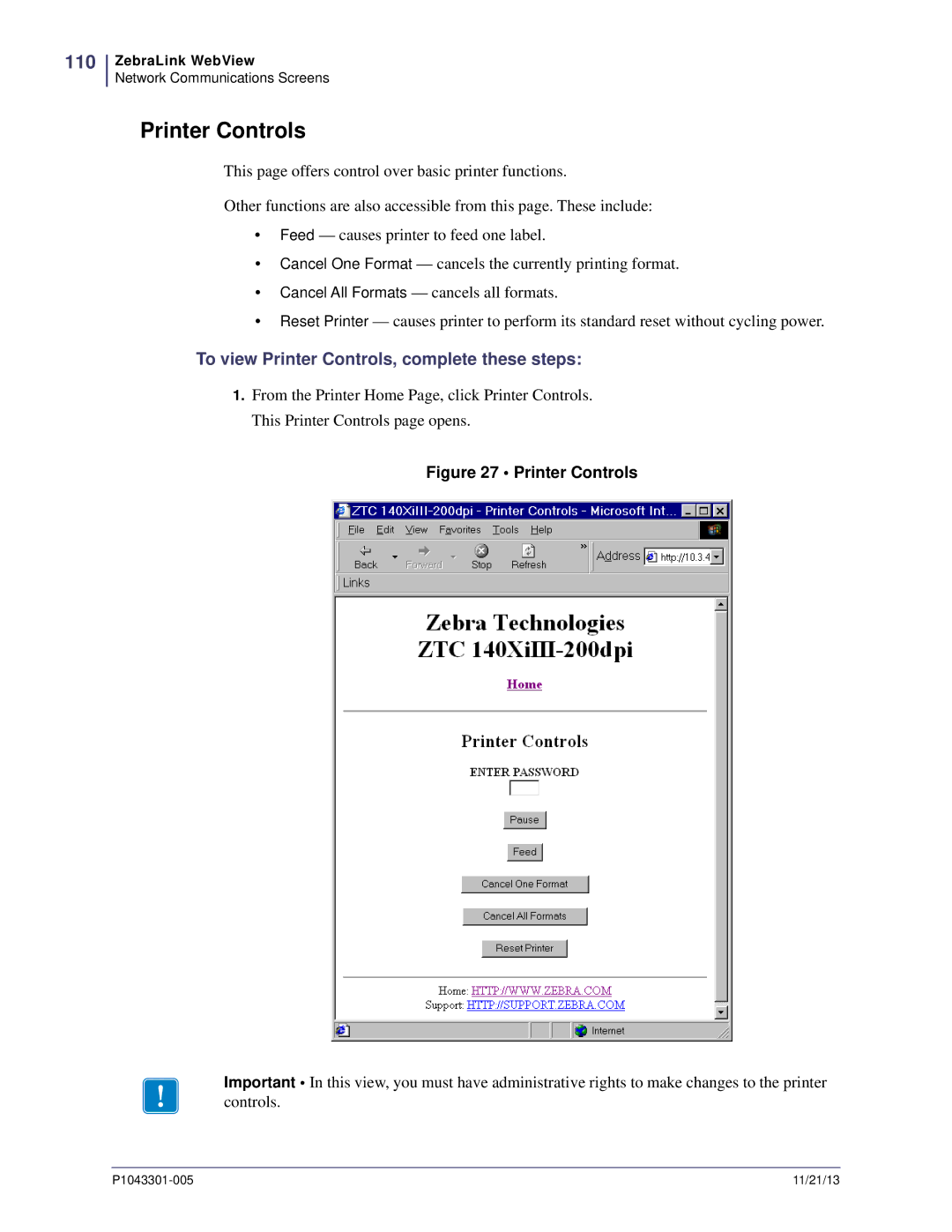 Zebra Technologies P1043301-005 manual 110, To view Printer Controls, complete these steps 