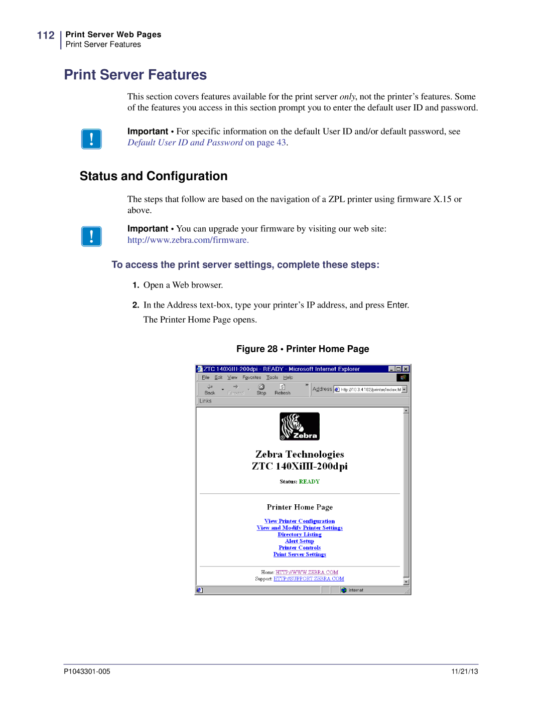 Zebra Technologies P1043301-005 manual Print Server Features, Status and Configuration, 112 