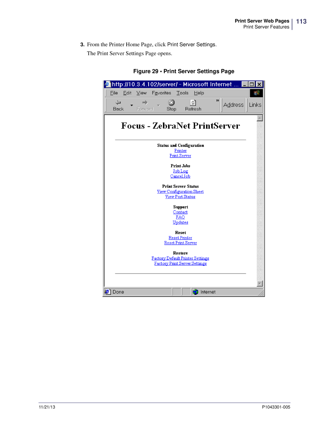 Zebra Technologies P1043301-005 manual 113, Print Server Settings 