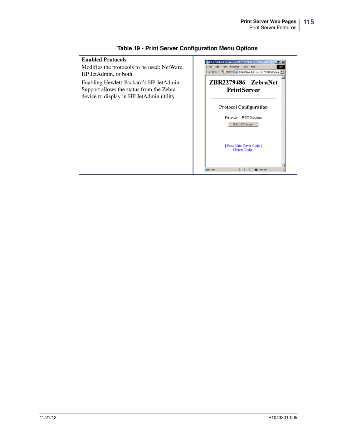 Zebra Technologies P1043301-005 manual 115, Print Server Configuration Menu Options, Enabled Protocols 