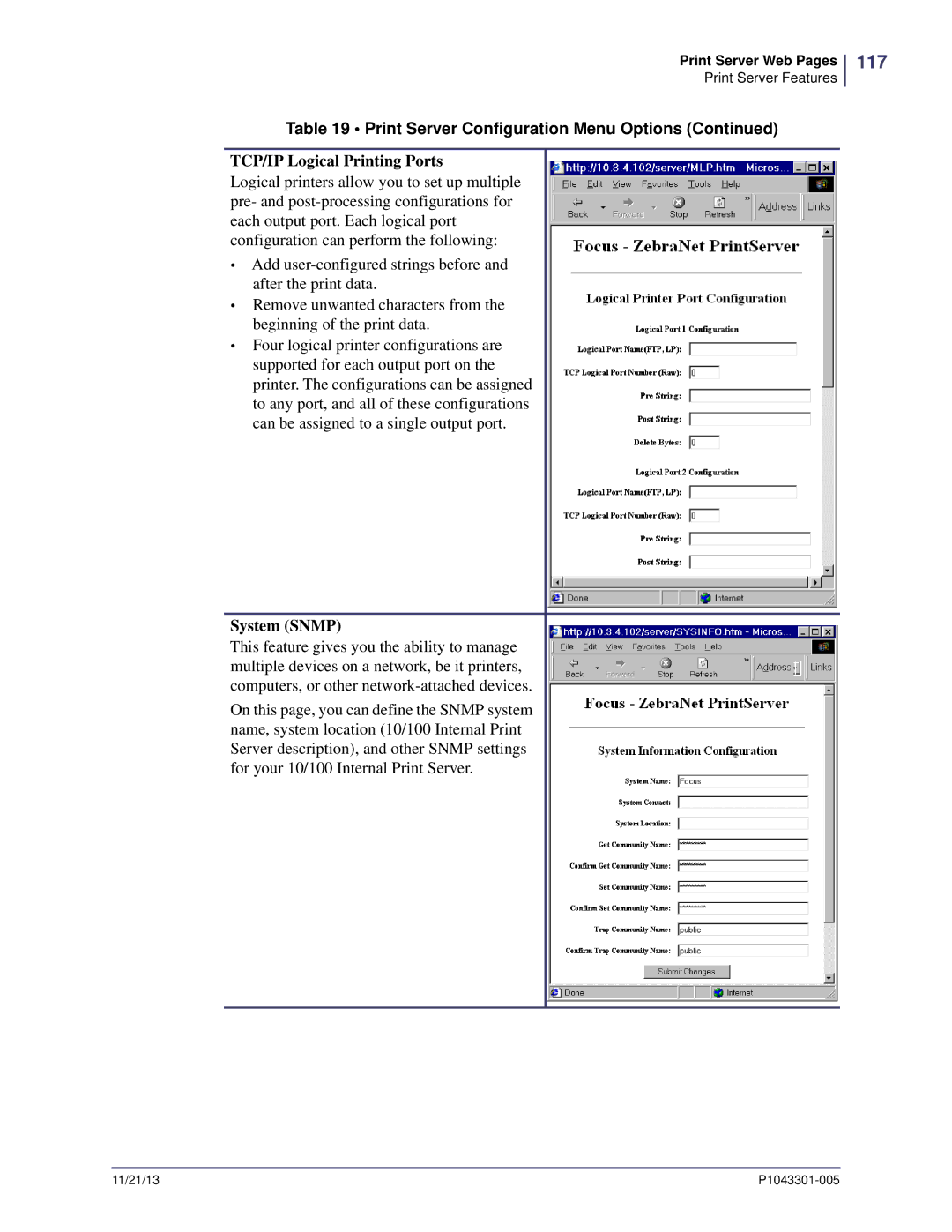 Zebra Technologies P1043301-005 manual 117, TCP/IP Logical Printing Ports, System Snmp 