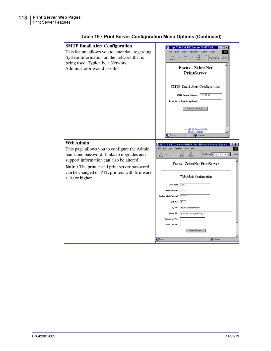 Zebra Technologies P1043301-005 manual 118, Smtp Email Alert Configuration, Web Admin 