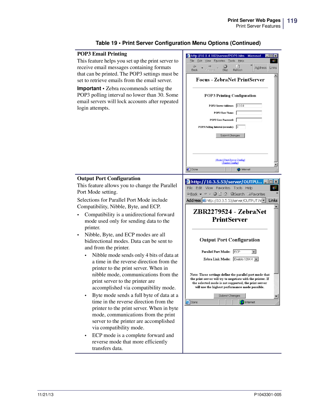 Zebra Technologies P1043301-005 manual 119, POP3 Email Printing, Output Port Configuration 